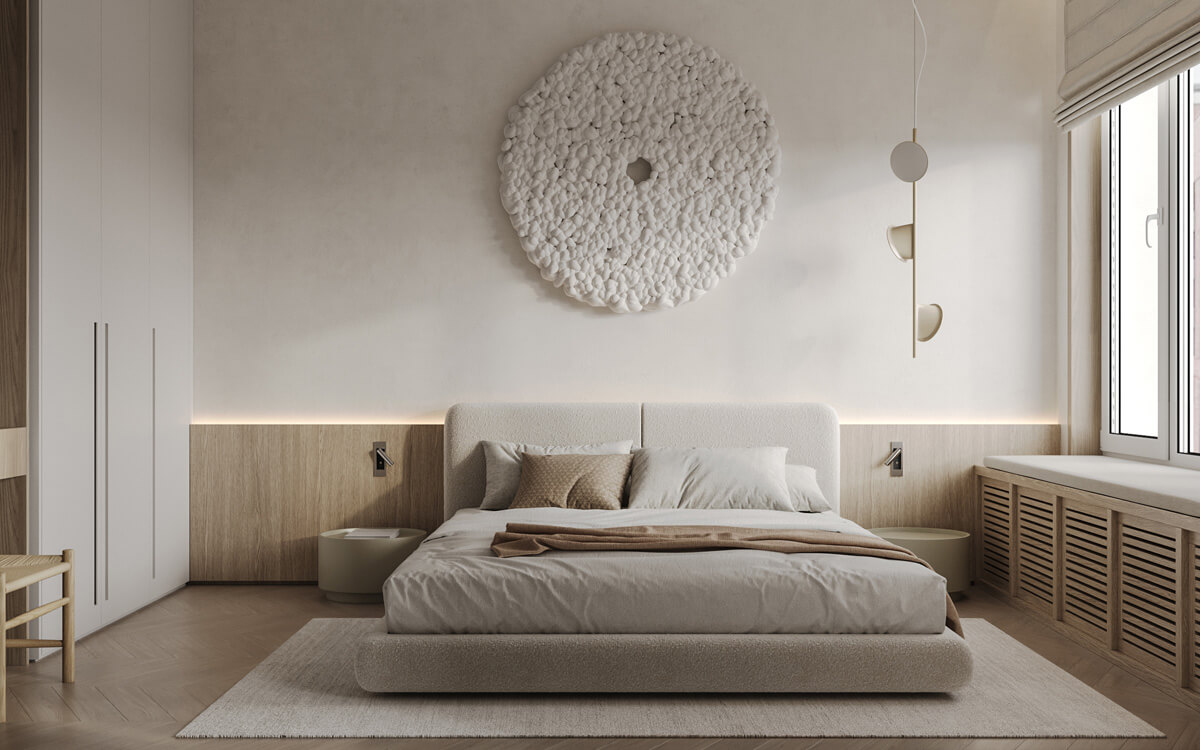 Стильна акцентна стіна з дерева в інтер'єрі спальні, дизайн інтер'єру