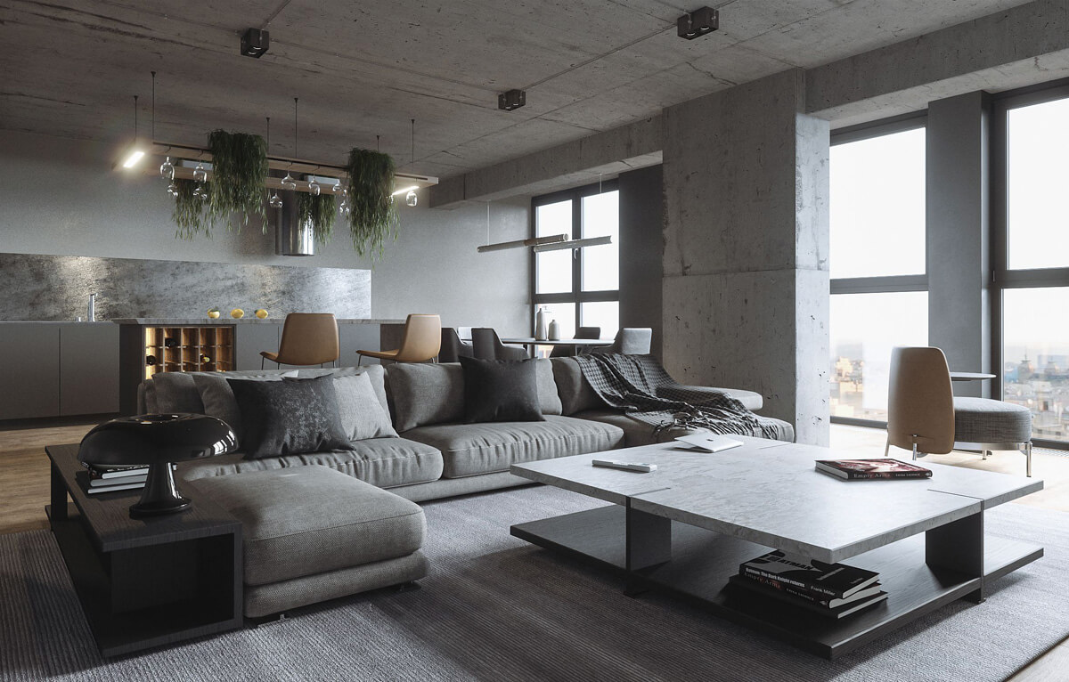 Інтер'єр кухні з бетонною стелею та підвісними світильниками.