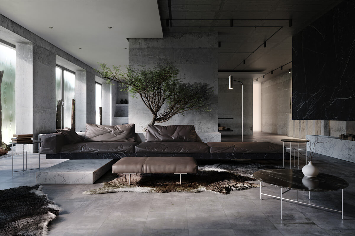 Сучасний дизайн інтер'єру з бетонною стелею та мінімалістичним освітленням.