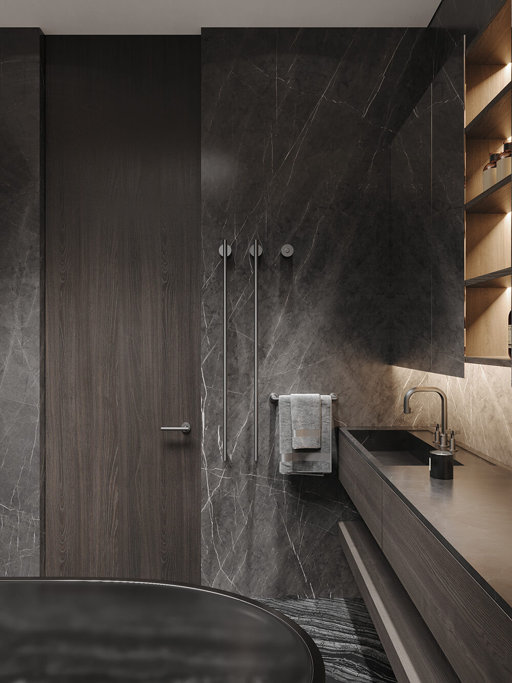 Чорна сантехніка у ванній: чорний змішувач на раковині в світлому інтер'єрі ванної кімнати.