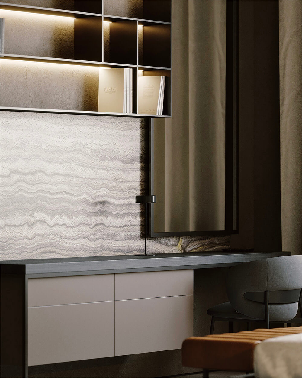 Сучасний дизайн інтер'єру майстер-спальні з великими вікнами та природним освітленням.