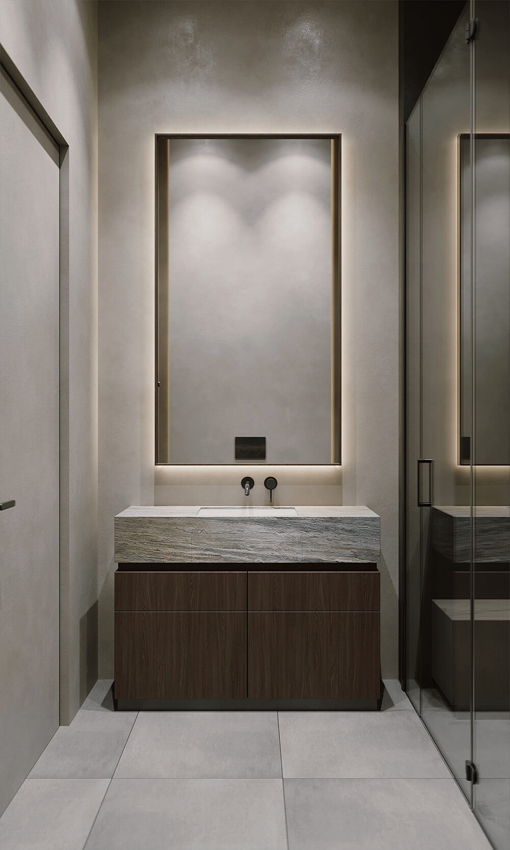 Майстер-спальня з власною ванною кімнатою, оформленою в світлих тонах та сучасному стилі.