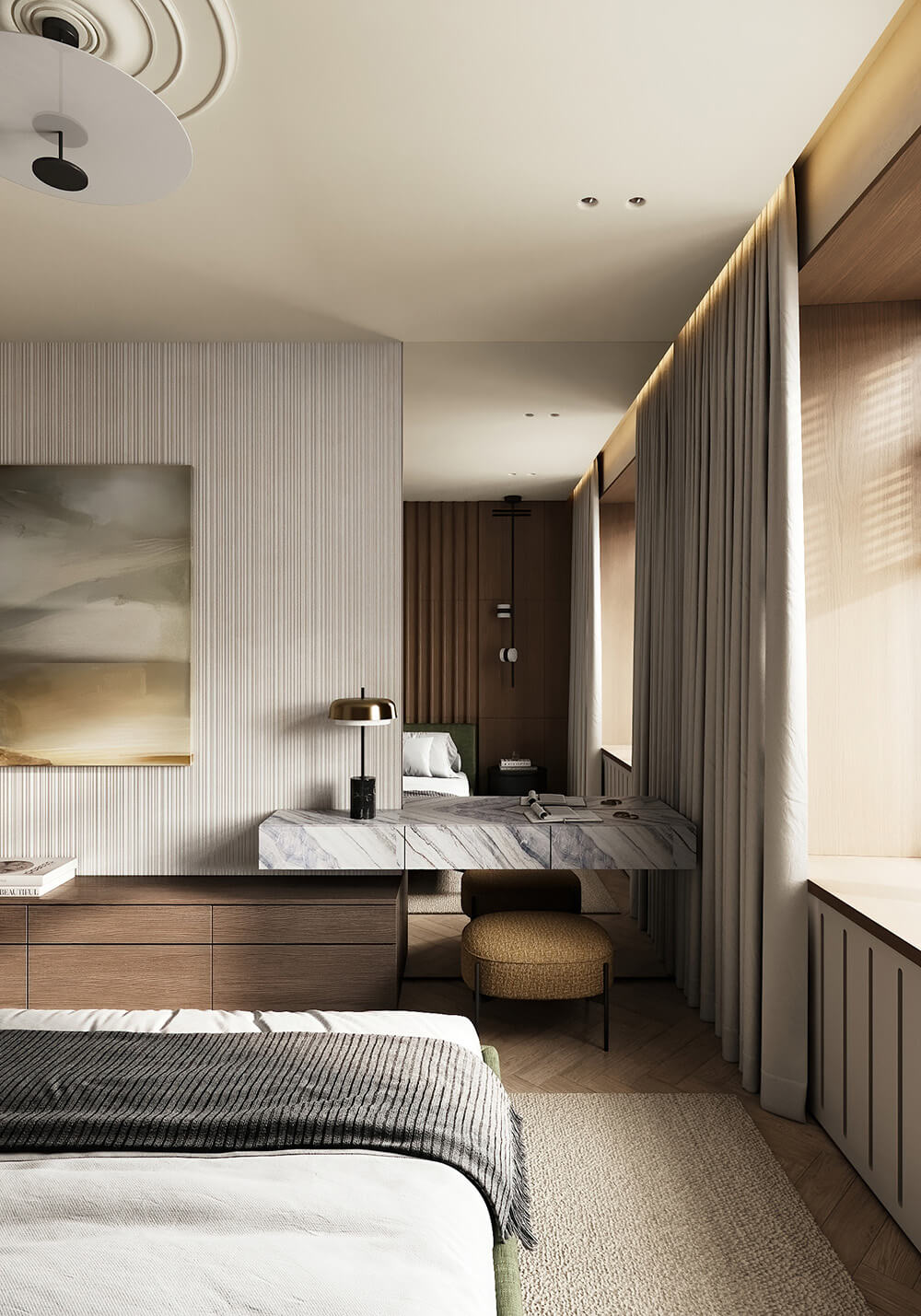 Дизайн інтер'єру з кольоровою стелею: поєднання бірюзового кольору стелі та дерев'яних елементів.