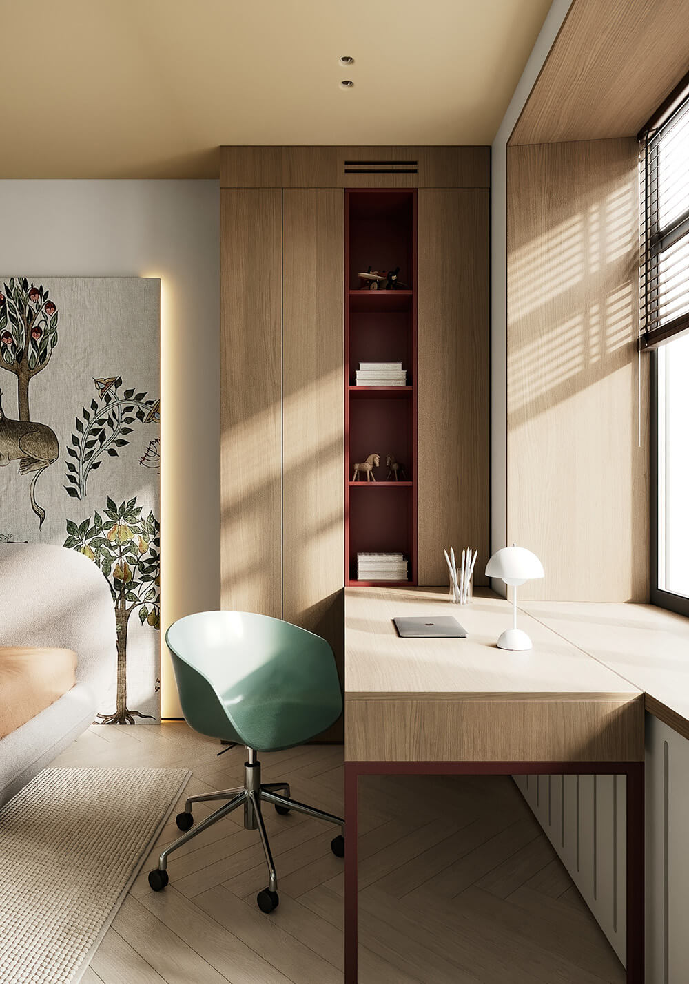 Дизайн стелі з використанням кольору: зелена стеля у вітальні з природними елементами декору.