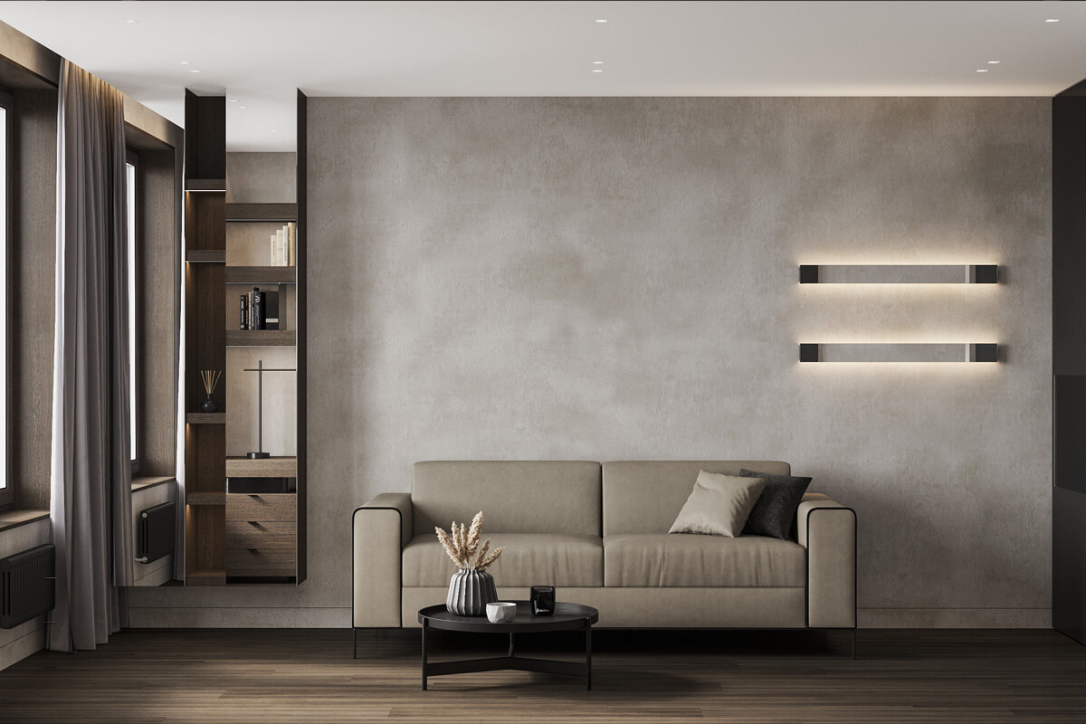 Приклад декоративної штукатурки на стіні в сучасному інтер'єрі кімнати.