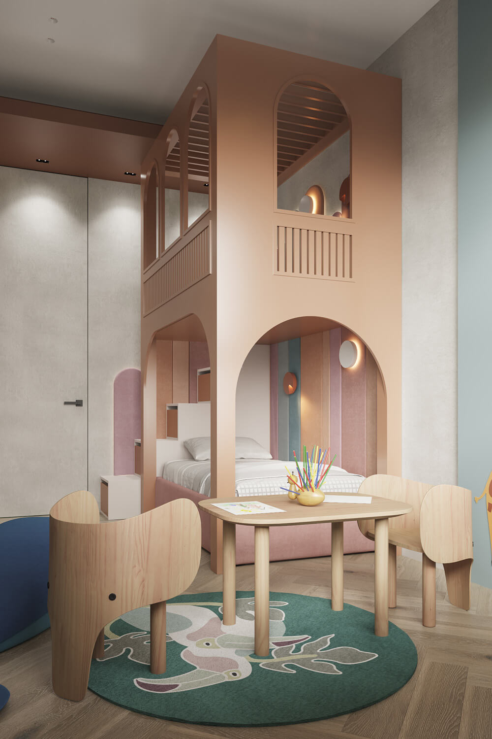 Стіна з фактурною штукатуркою та точковим освітленням, що підкреслює рельєфність поверхні