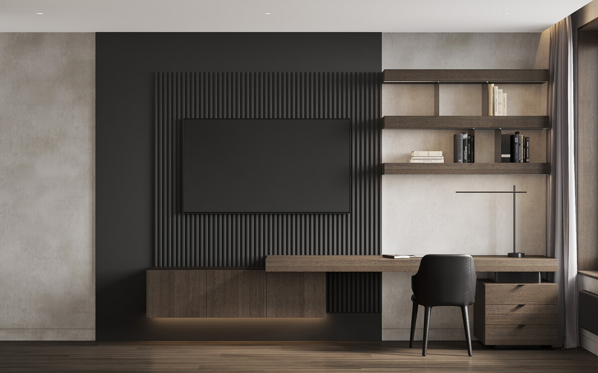 Інтер'єр кімнати з акцентною стіною, покритою декоративною штукатуркою з металевим блиском