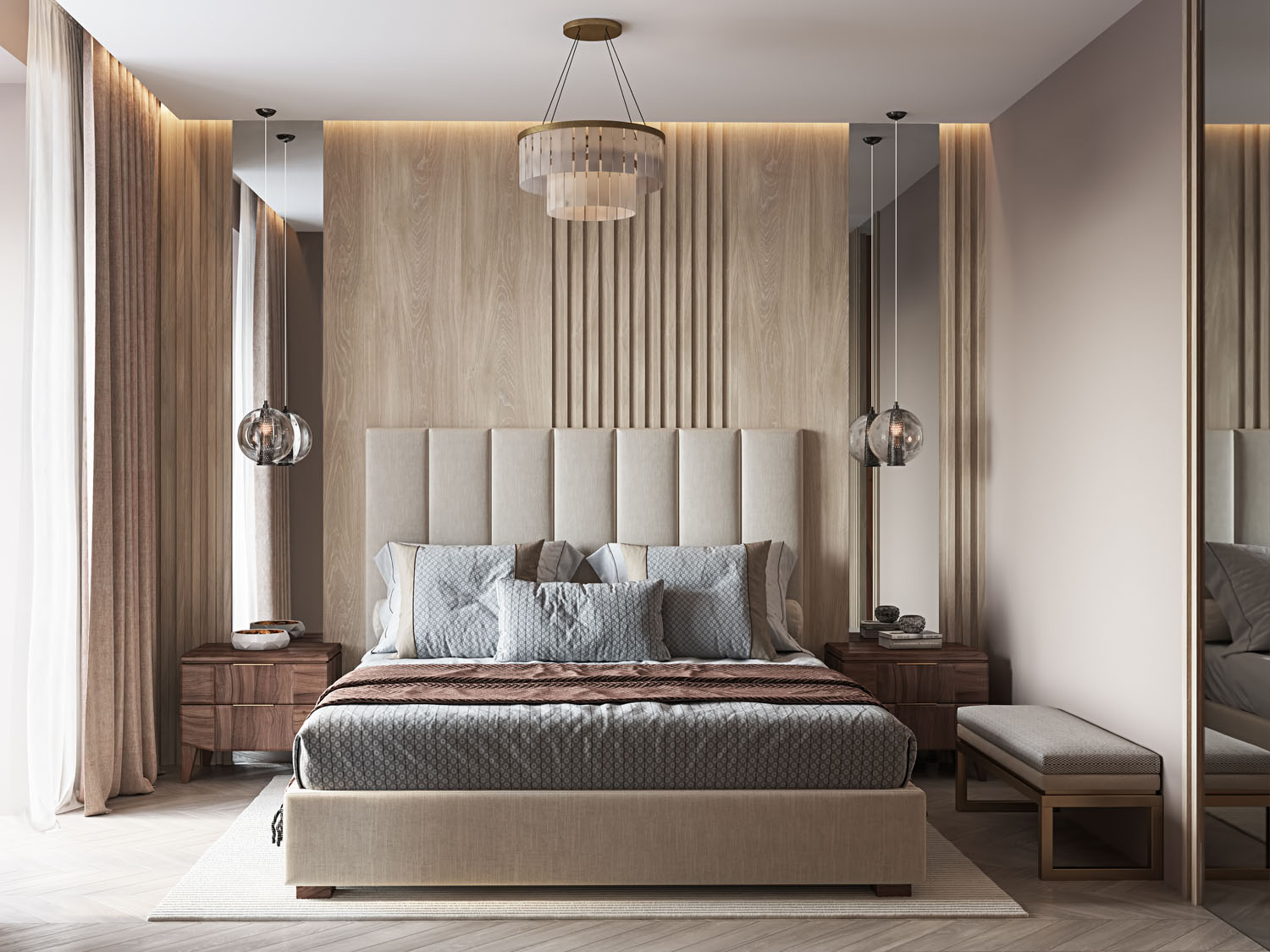 Оздоблення стін деревом: дерев'яні панелі в інтер'єрі спальні для комфорту.