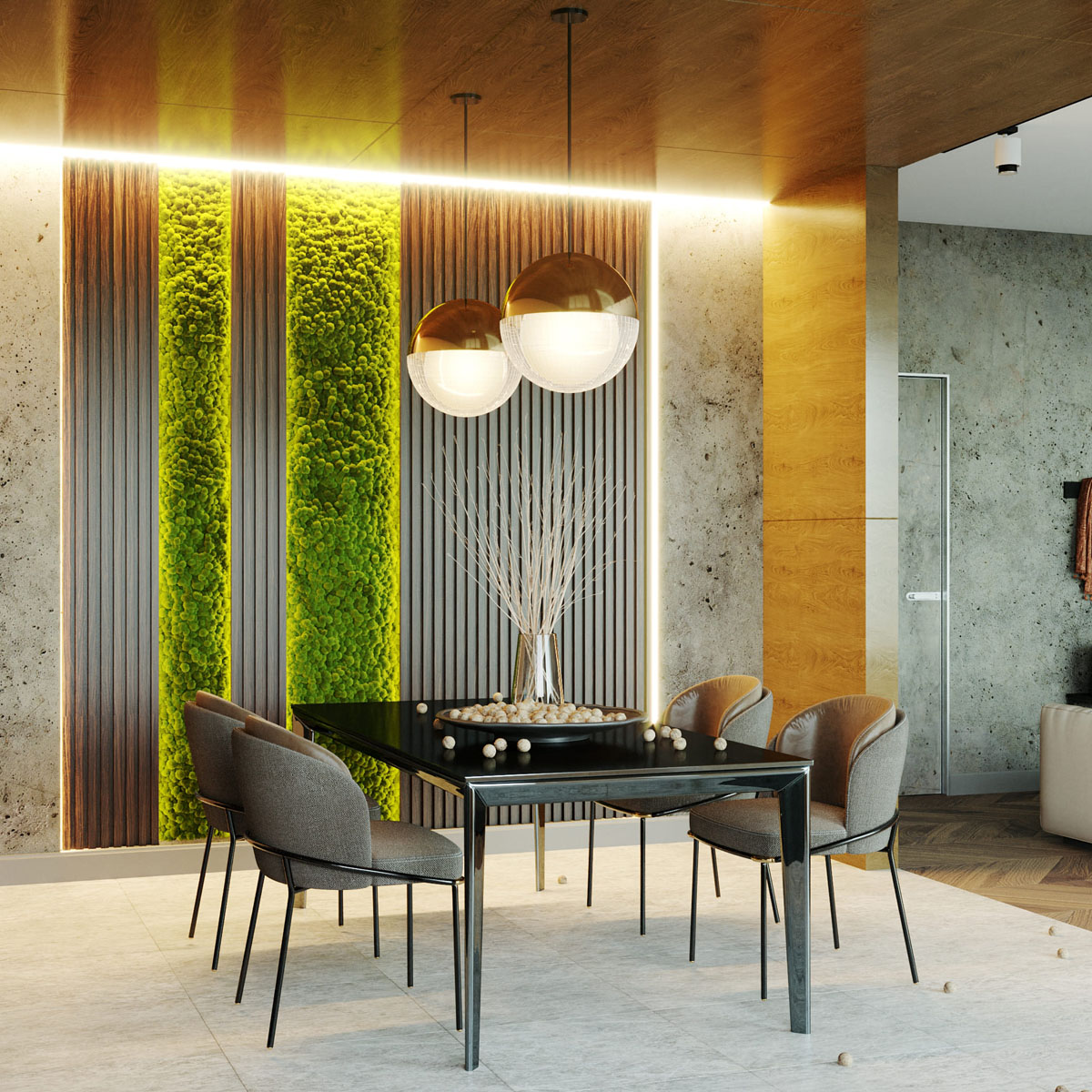 Освітлення в поєднанні з дерев'яними рейками на стіні, дизайнерський прийом.