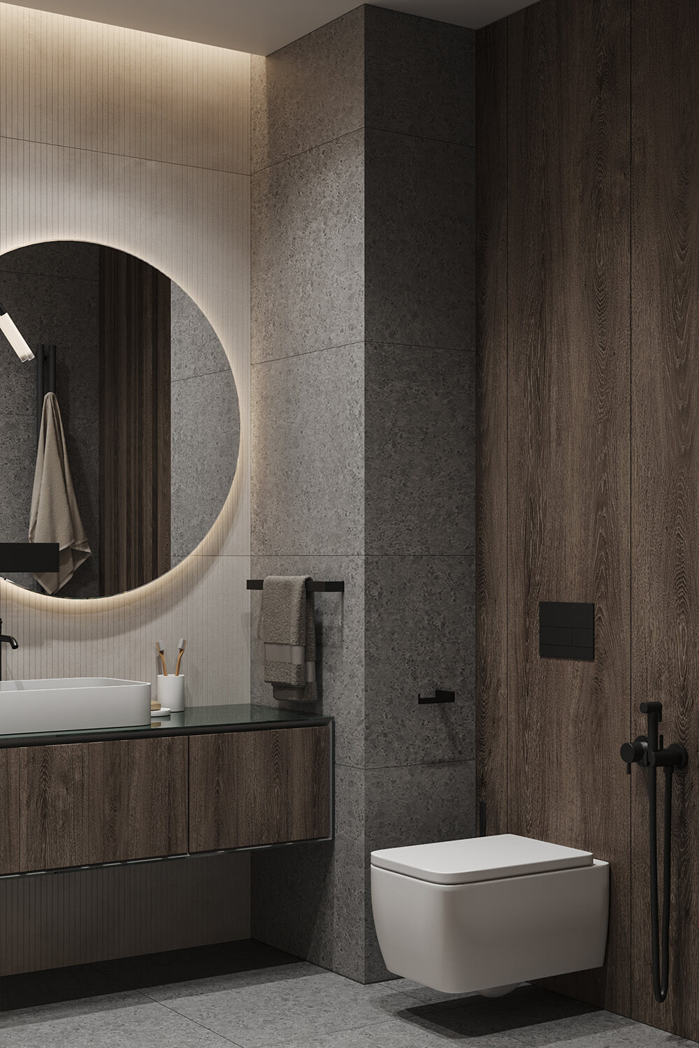 Сучасна ванна кімната з дерев'яними панелями: елегантний та вологостійкий дизайн.