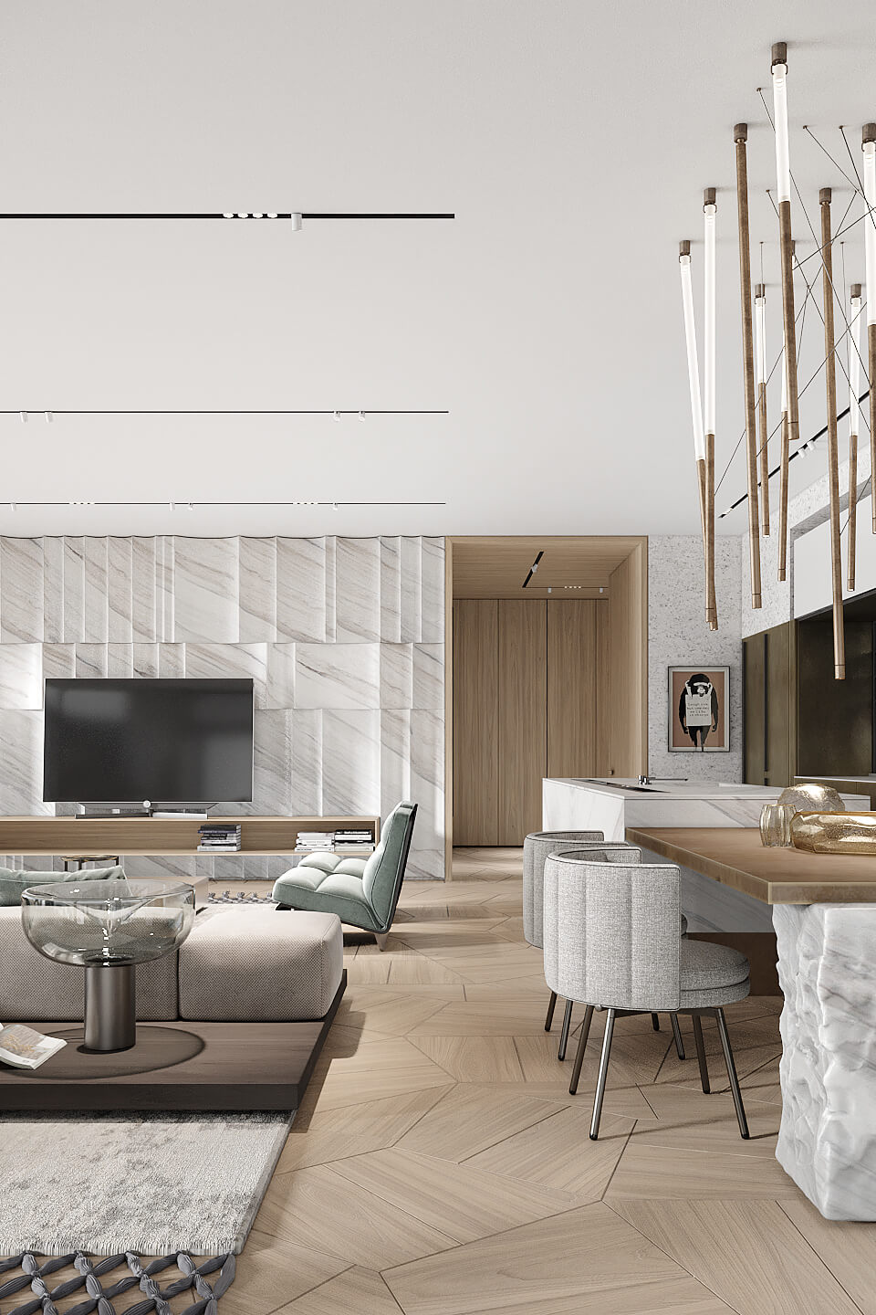 Елегантний дизайн кухні-вітальні 50 кв.м: використання дерева та природних матеріалів.