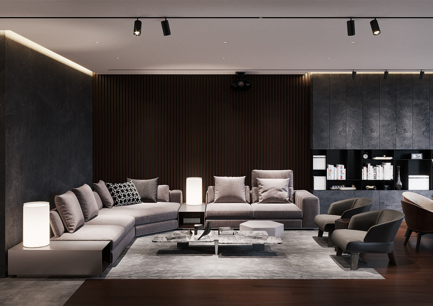 Функціональний дизайн кухні-вітальні площею 50 кв.м з сучасними меблями та освітленням.