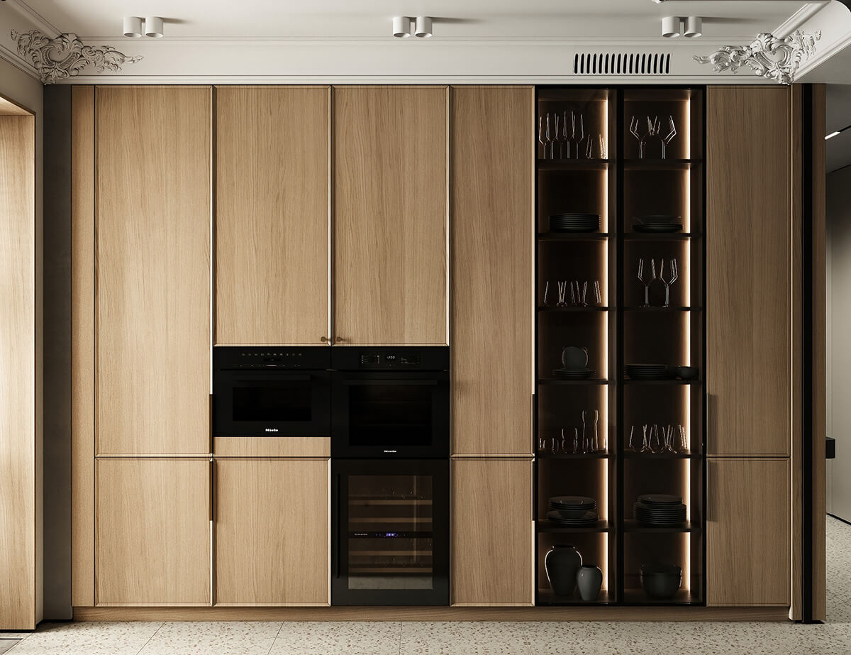 Кухня 2024-2026: поєднання сірого кольору з дерев'яними елементами для затишку.