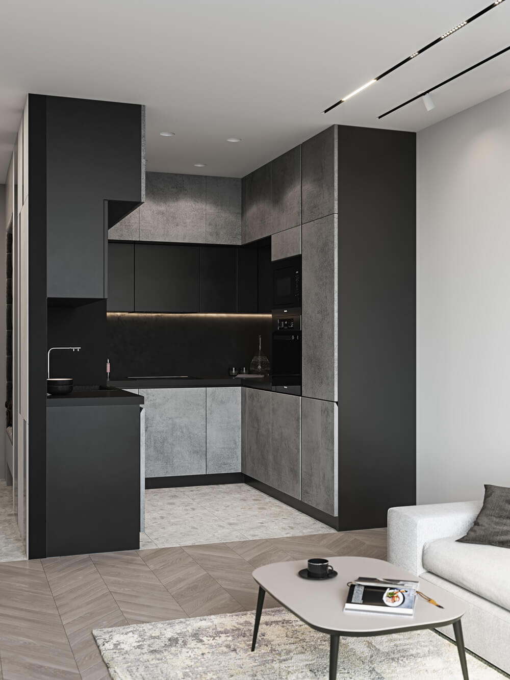 Компактна кухня з вбудованою технікою, що ідеально підходить для невеликих приміщень.