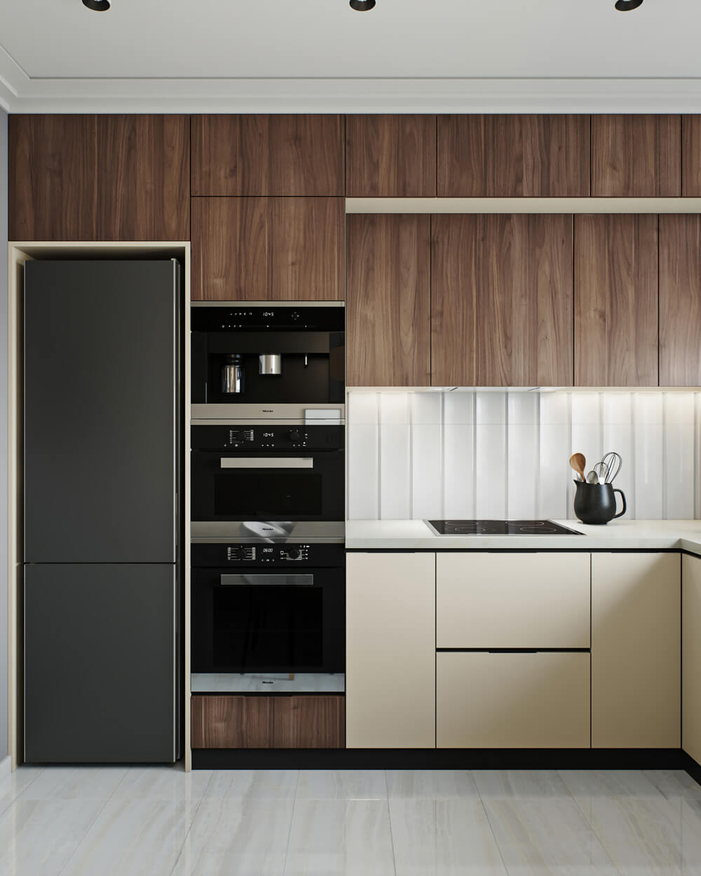 Дизайн кухні з вбудованою технікою та акцентом на кухонні меблі, зроблені на замовлення.