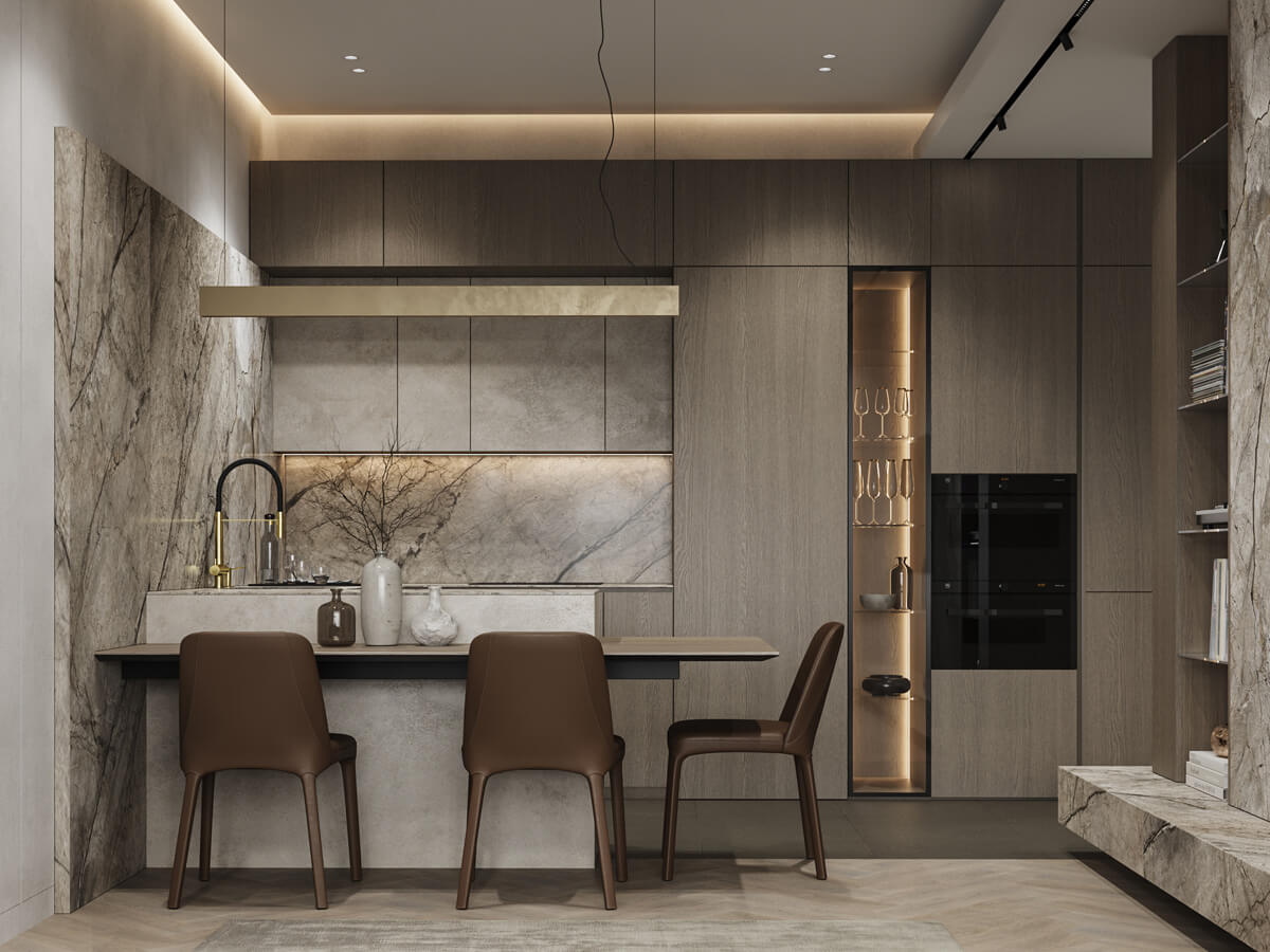 Сучасний дизайн кухні з темними кухонними меблями та вбудованою технікою з нержавіючої сталі.