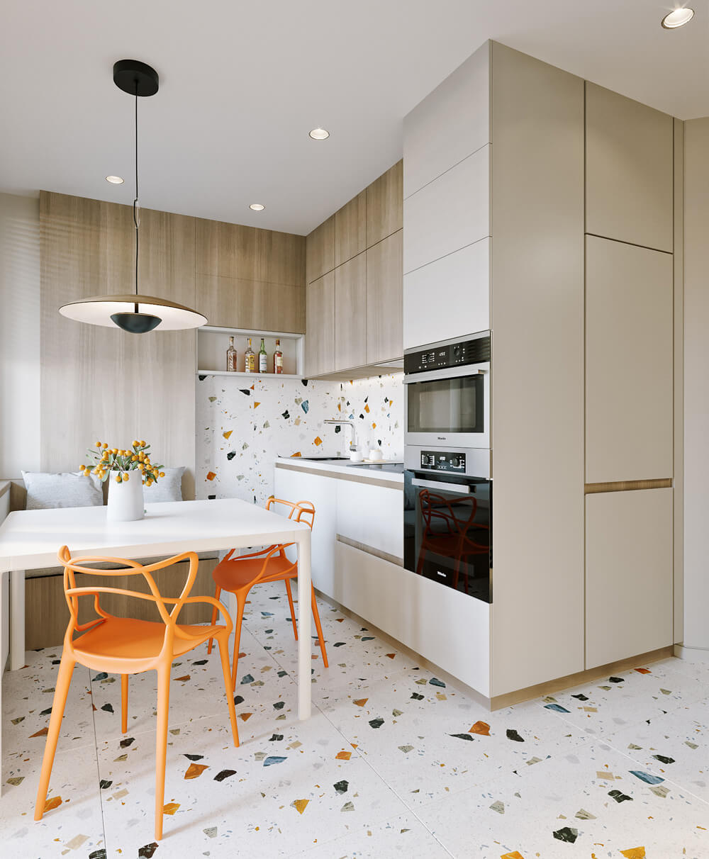 Світла кухня з великим вікном, вбудованою технікою та кухонними меблями з глянцевими фасадами.