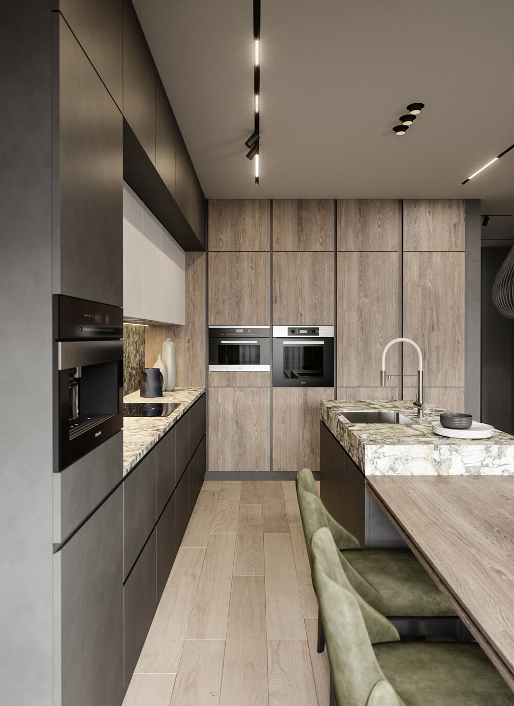 Сучасний дизайн кухні з вбудованою технікою та кухонними меблями на замовлення.