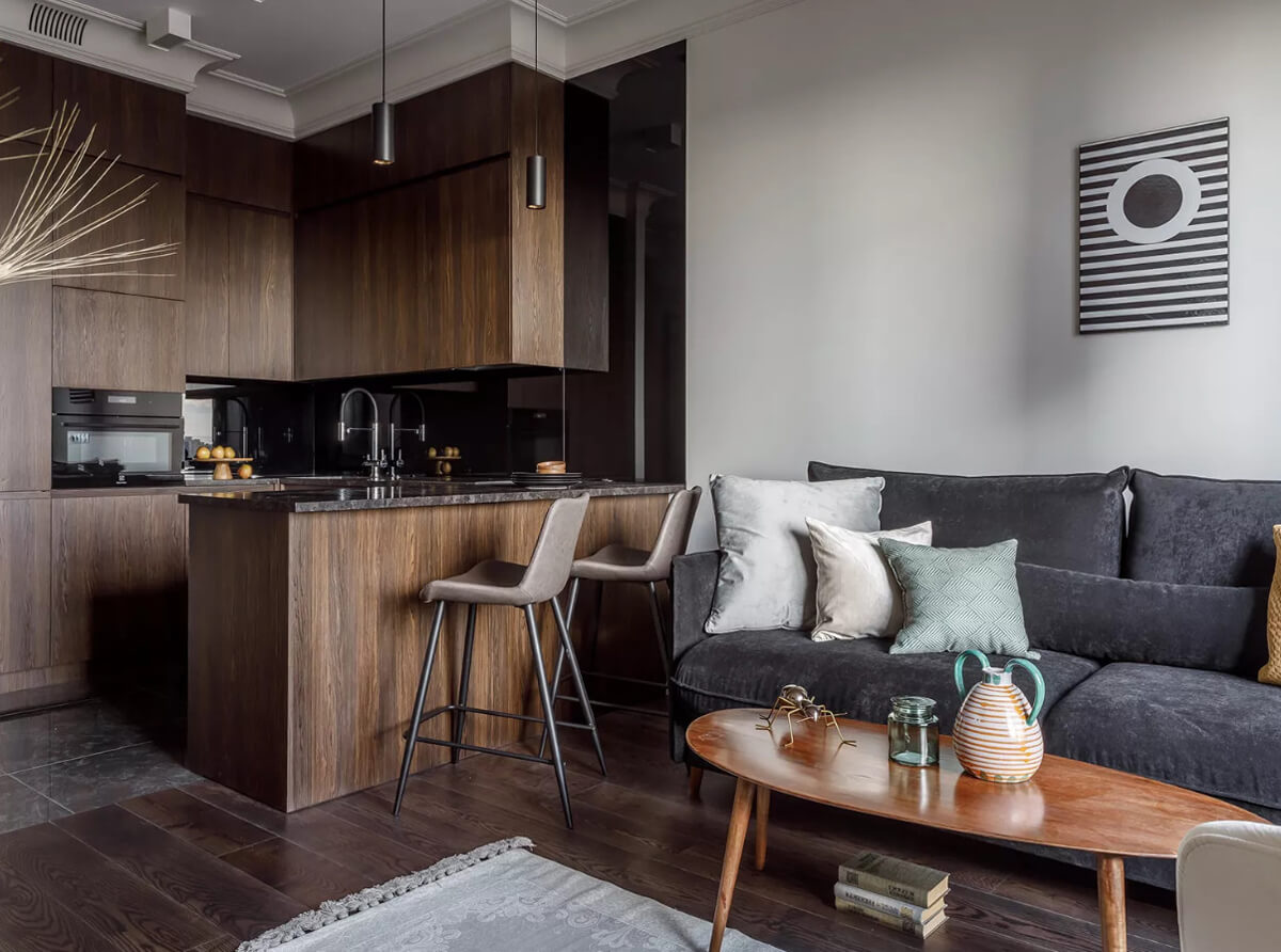 Сучасна квартира з елегантним поєднанням мінімалізму та неокласики в інтер'єрі.