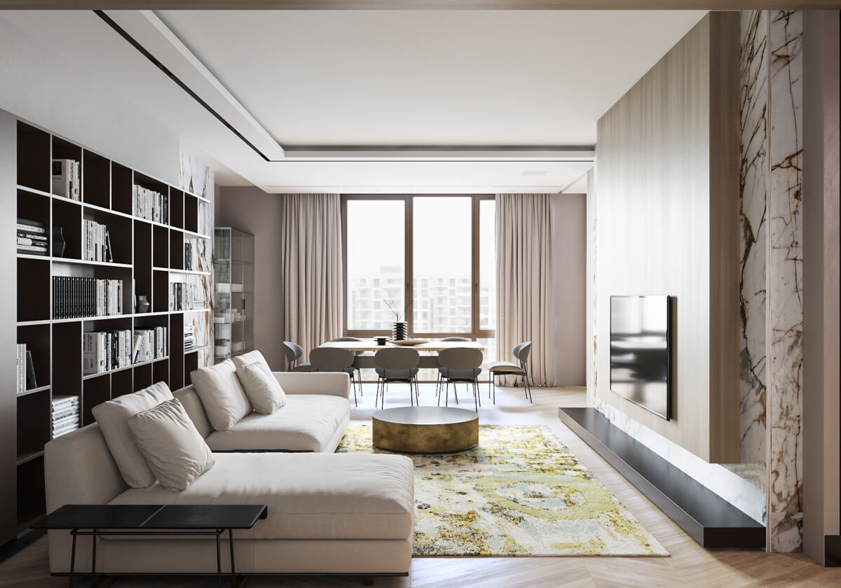 Неокласичний дизайн вітальні з каміном та елегантними меблями.