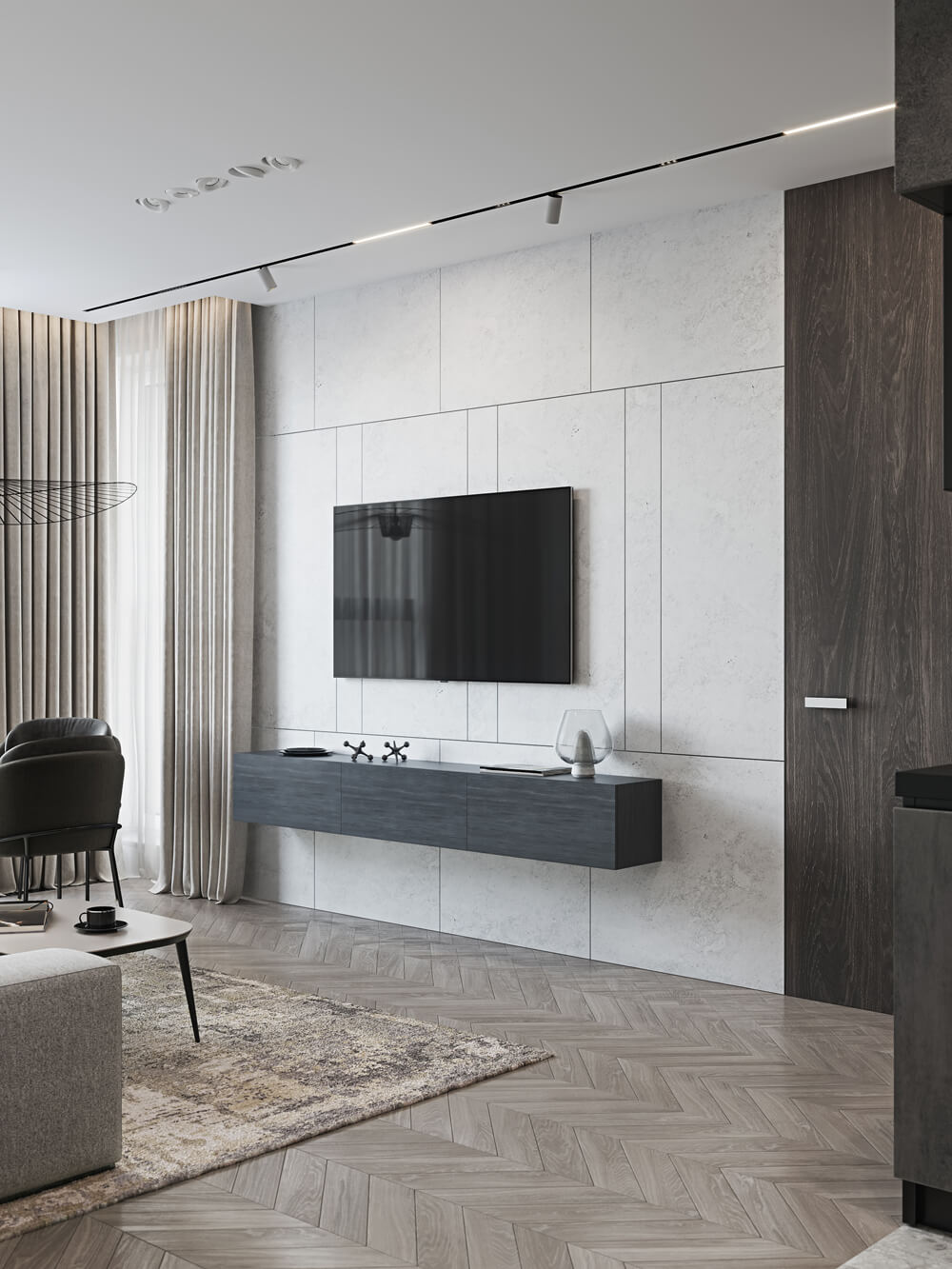 Сучасний дизайн квартири з відкритим плануванням вітальні та кухні для зручності.