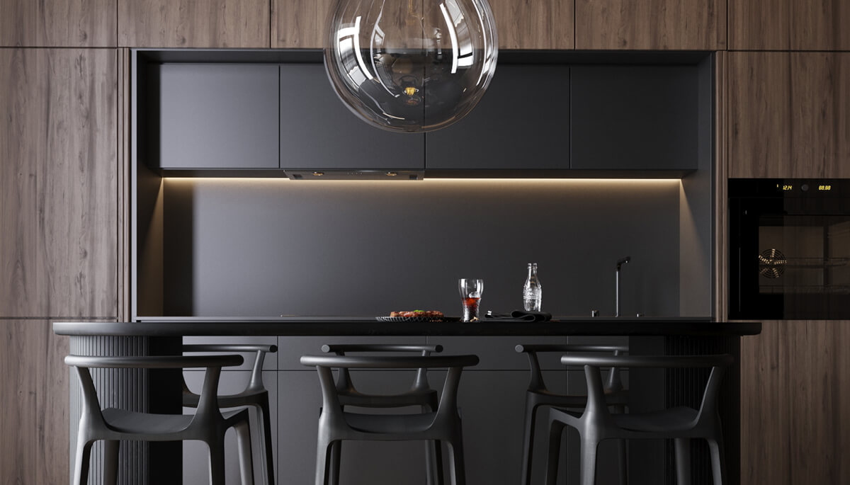 Мінімалістичний дизайн квартири з великими вікнами та просторою вітальнею.