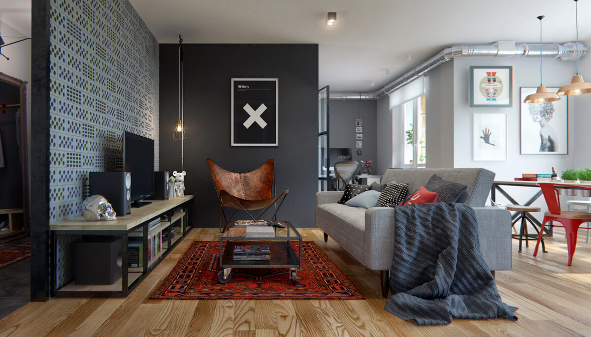 Інтер'єр сучасної квартири з використанням світлих тонів і натуральних матеріалів.