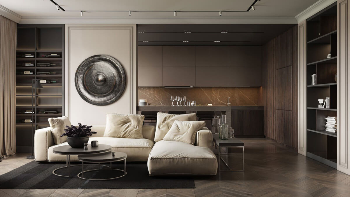 Інтер'єр квартири в стилі мінімалізм з використанням натуральних матеріалів та світлих тонів.