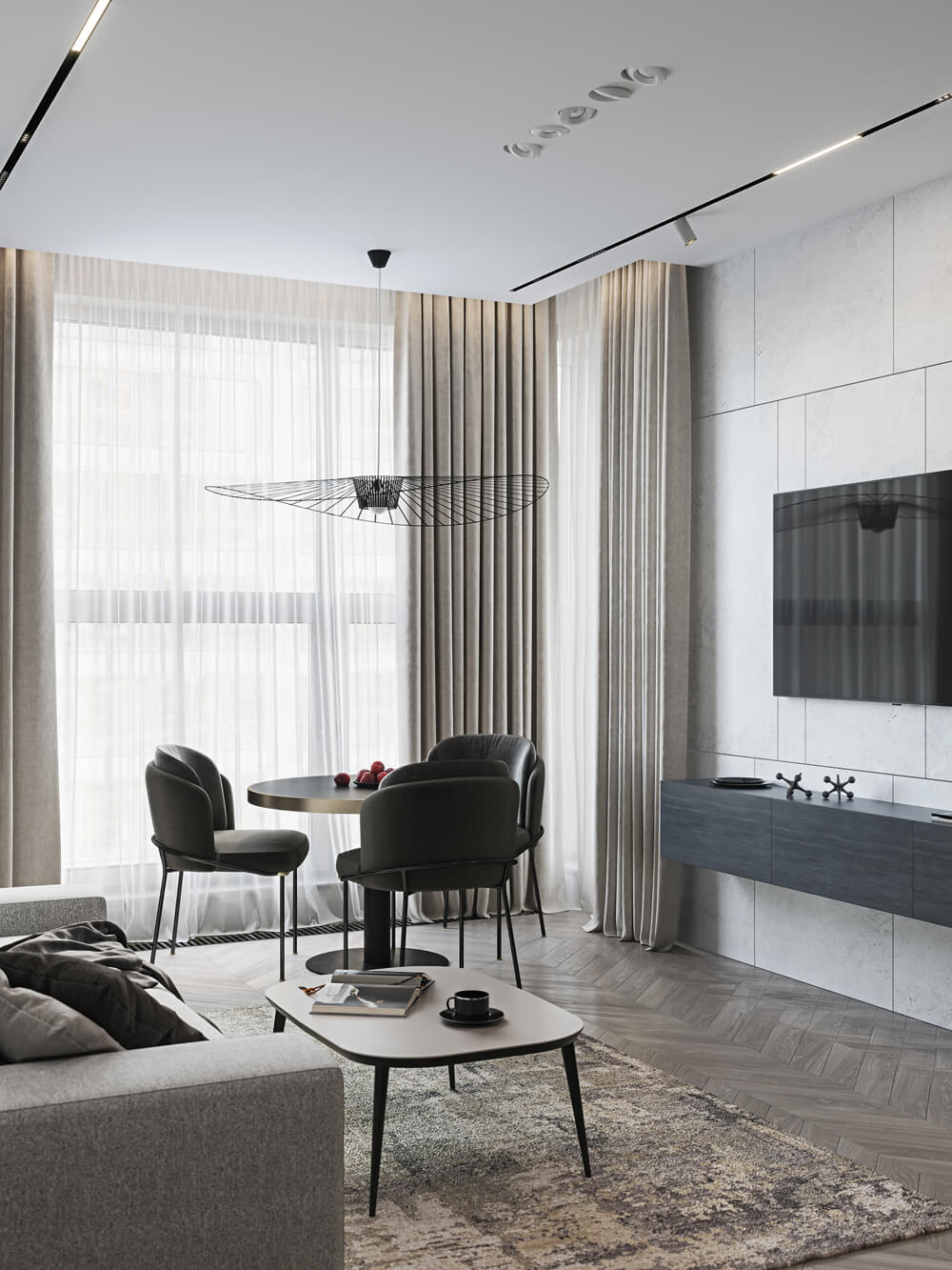 Інтер'єр квартири з використанням сучасних освітлювальних приладів для створення атмосфери.