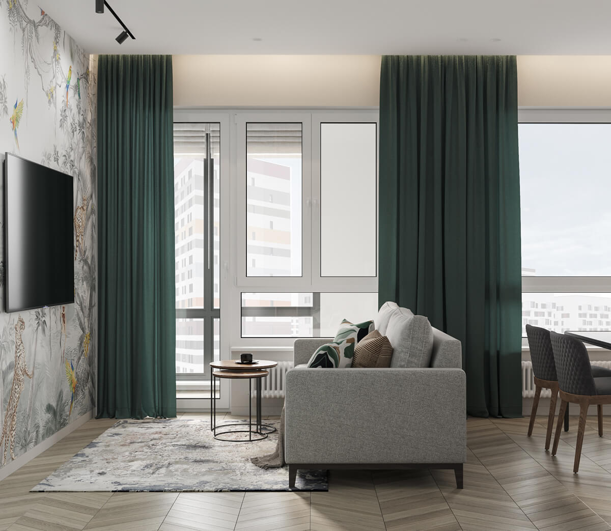 Елегантний кабінет в квартирі 100 кв. м з письмовим столом та книжковими полицями.