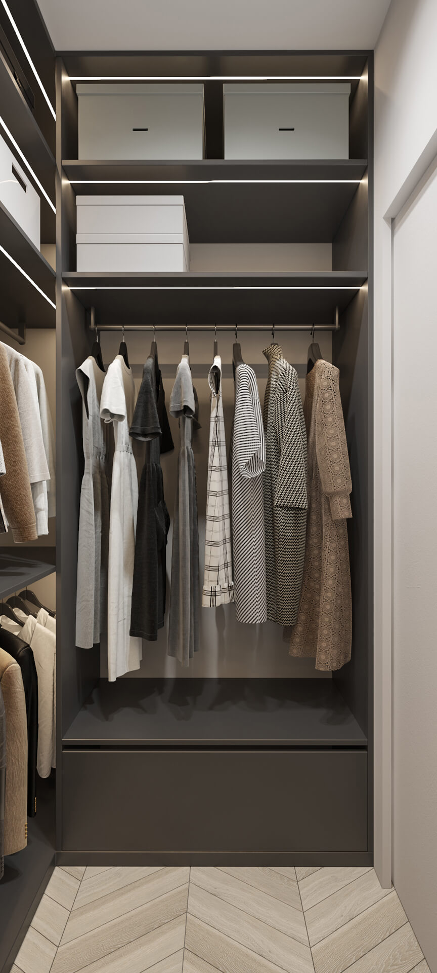 Інтер'єр квартири 100 м²: спальня з великим ліжком та панорамними вікнами