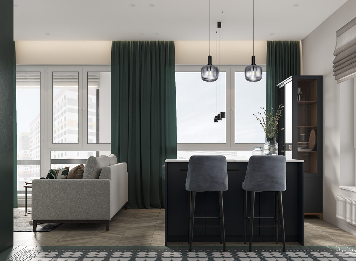 Планування квартири 100 м²: кухня-вітальня з барною стійкою та обідньою зоною.