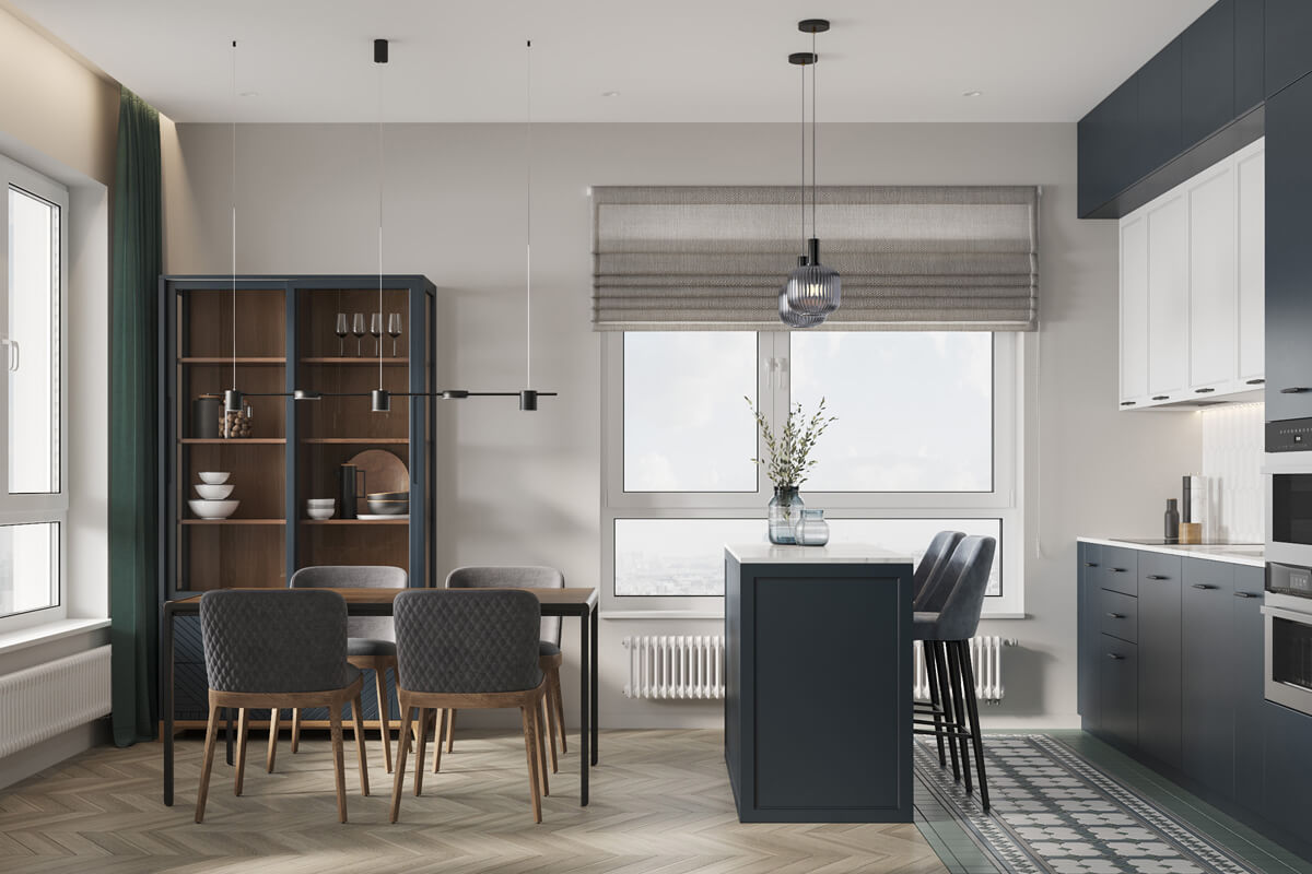 Інтер'єр вітальні в квартирі 100 кв.м з великим кутовим диваном та телевізором на стіні