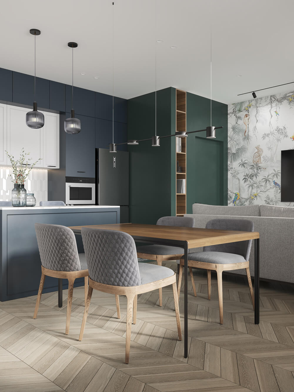 Функціональне планування квартири 100 м²: кухня-їдальня в мінімалістичному стилі