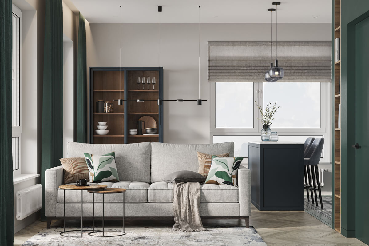 Сучасний дизайн квартири 100 кв. м з відкритим плануванням кухні-вітальні.