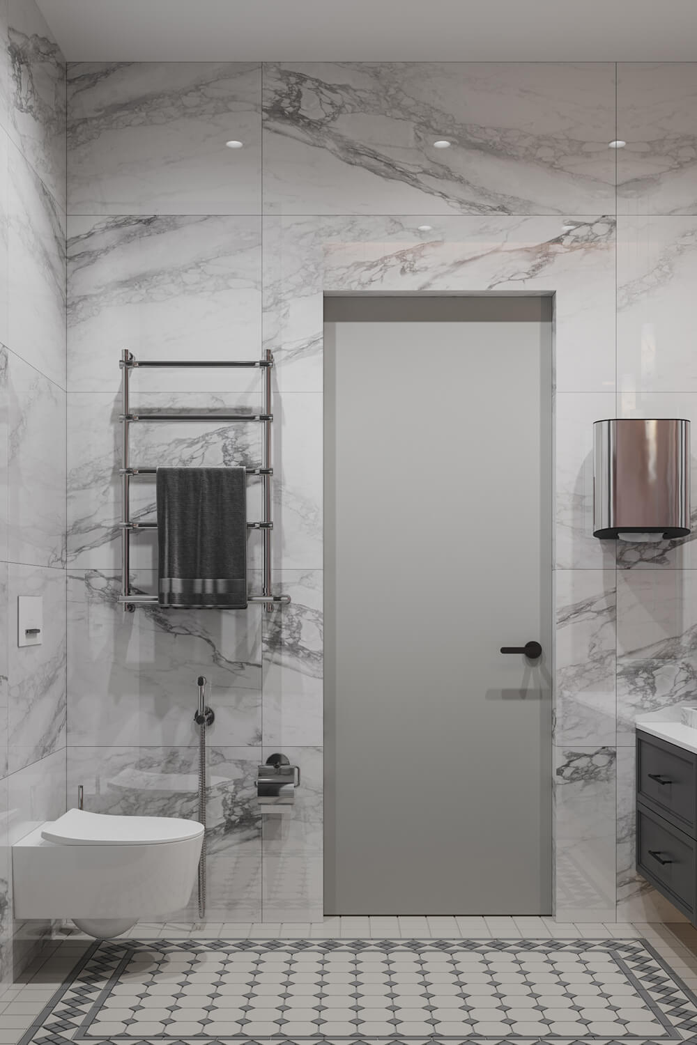 Планування квартири 100 м²: загальний вигляд квартири з панорамними вікнами та сучасним освітленням.