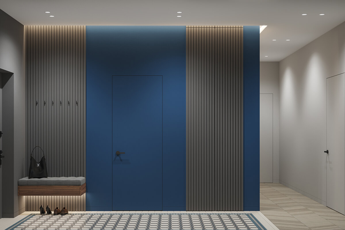 Дизайн квартири 100 м²: передпокій з шафою-купе та дзеркалом в повний зріст.