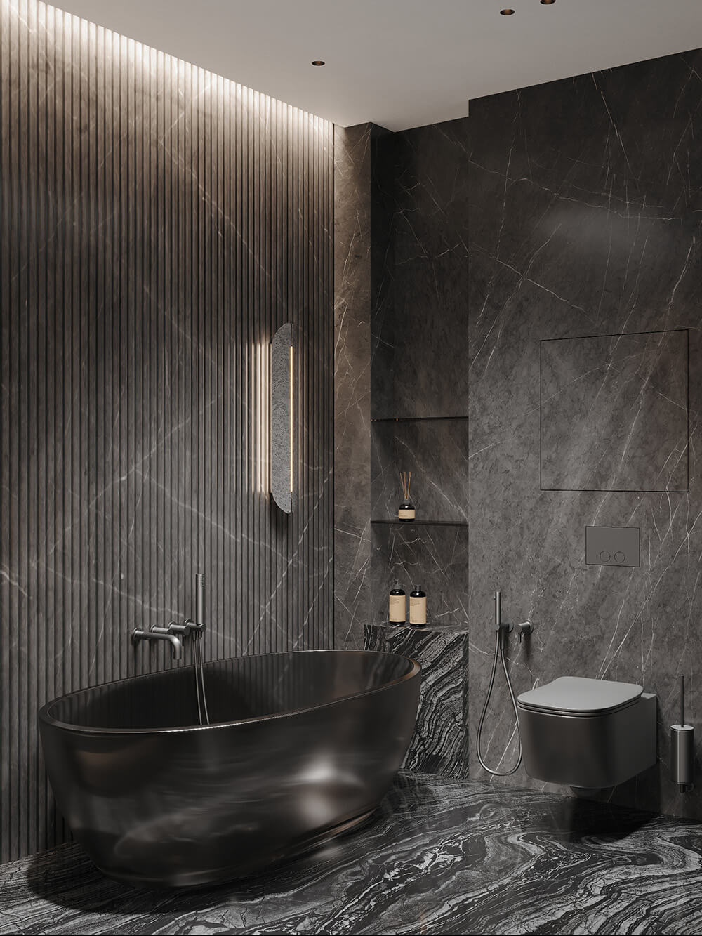 Сучасна ванна кімната з мармуровою стільницею та великим дзеркалом