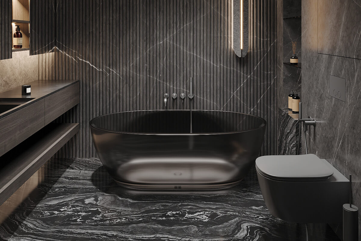 Розкішна ванна кімната з мармуровою плиткою на стінах і підлозі