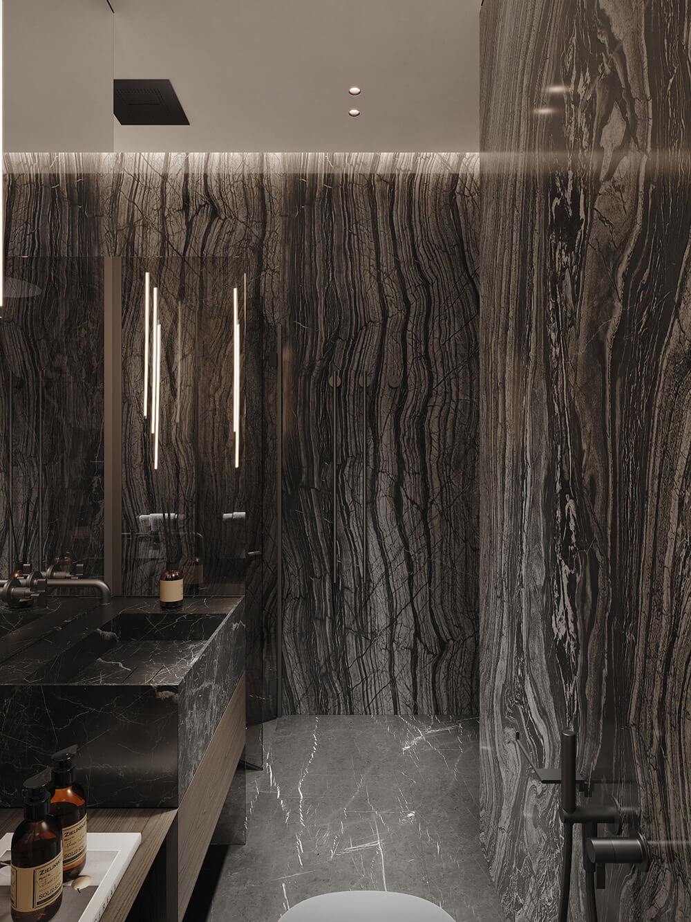 Ванна кімната з мармуром і дерев'яними елементами для контрастного дизайну