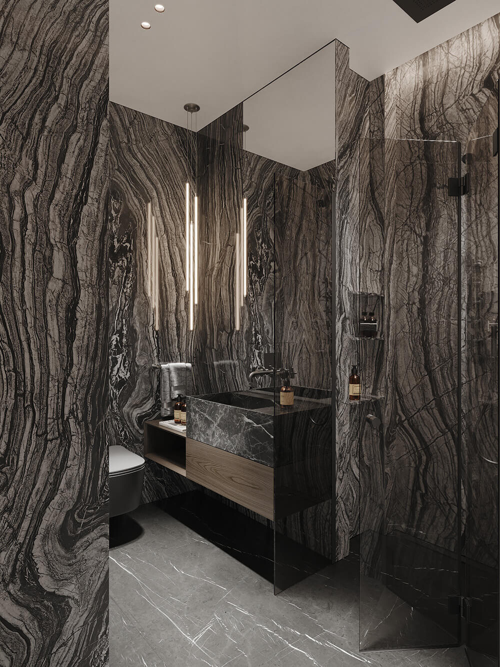 Елегантна ванна кімната з використанням мармуру різних відтінків