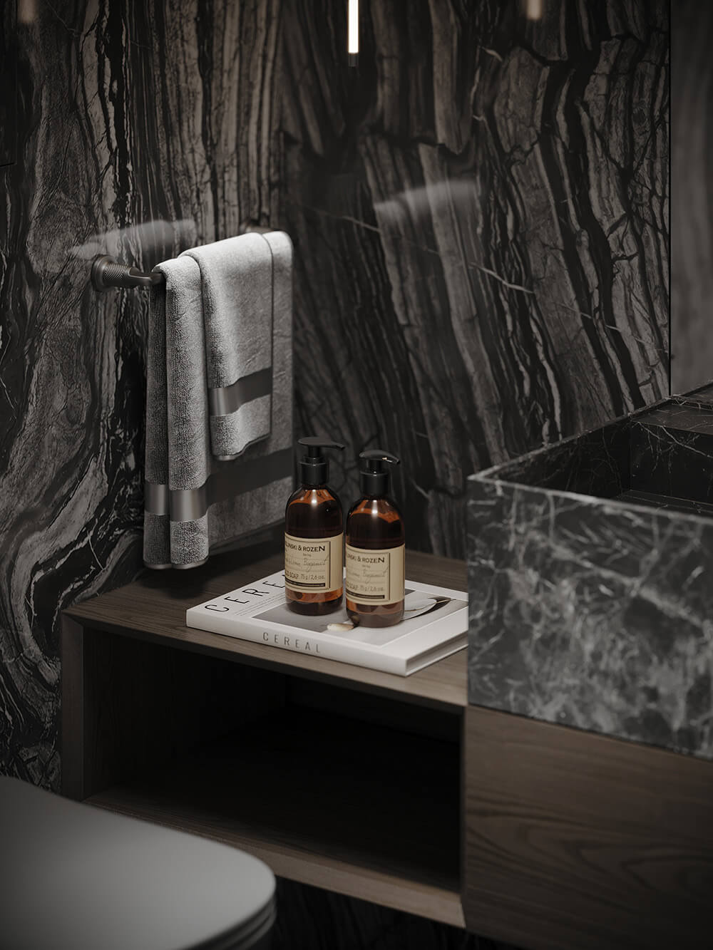 Простора ванна кімната з мармуровою обробкою та великим вікном