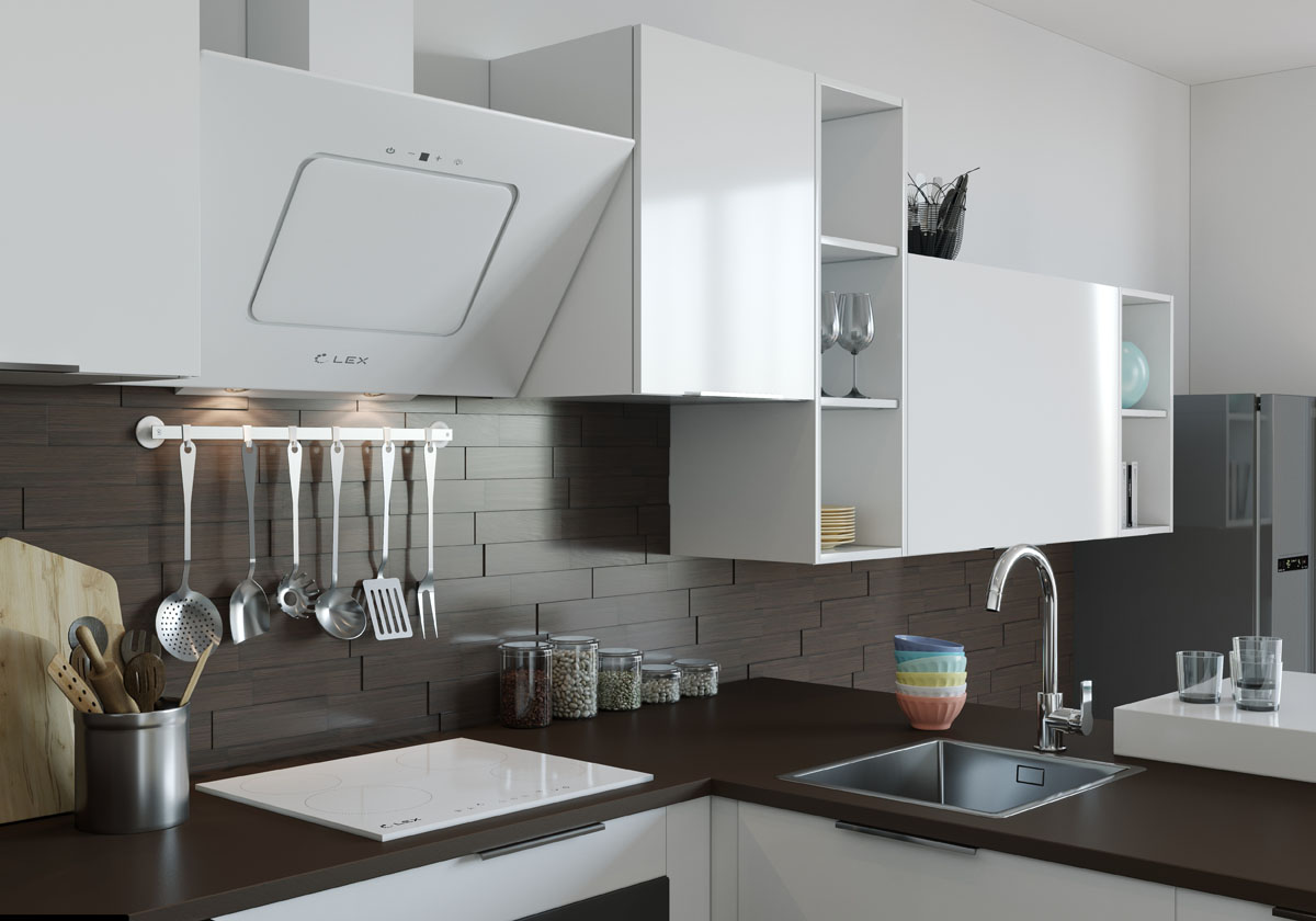 Мінімалістична кухня з острівною витяжкою, що висить над варильною поверхнею.