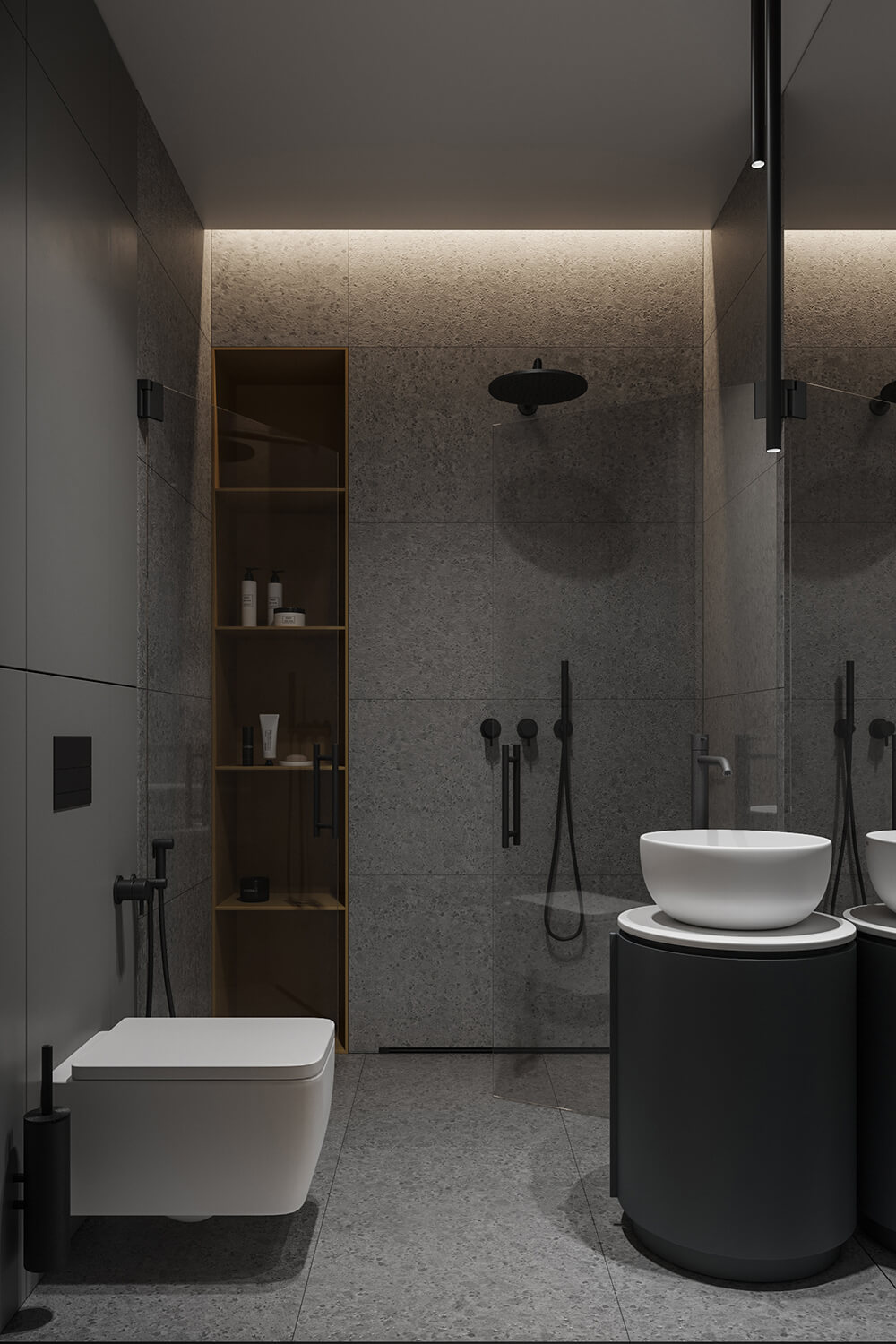 Сучасна душова без піддона з використанням натурального каменю та скляних дверей.