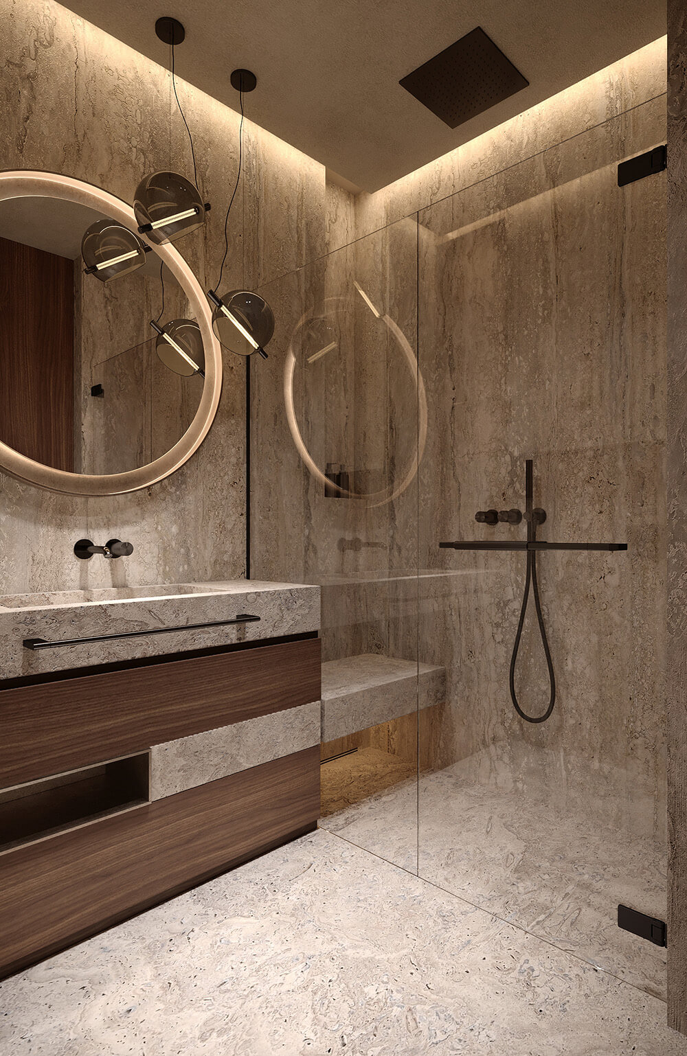 Сучасний душовий куточок без піддона з прозорою скляною перегородкою у ванній кімнаті.