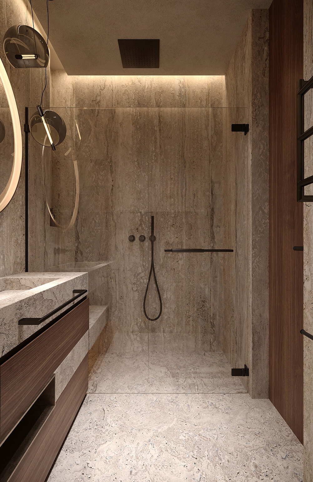 Інтер'єр ванної кімнати з душовою без піддона та трапом для ефективного зливу води.