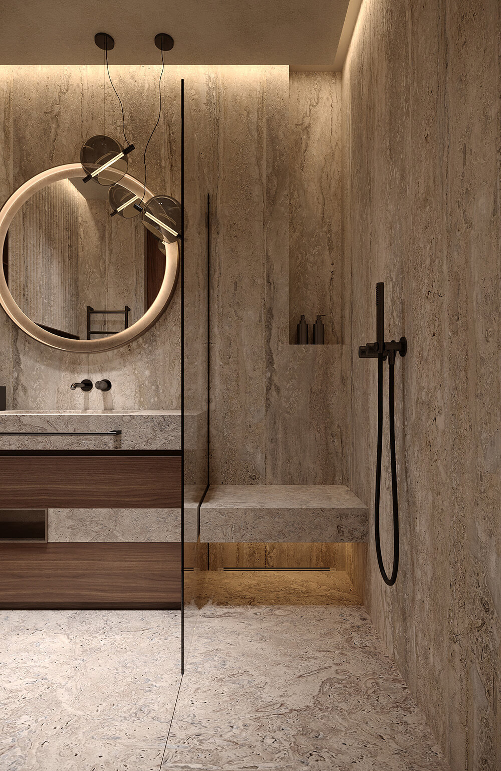 Дизайн ванної кімнати з акцентом на душову кабіну без піддона та мінімалістичні аксесуари.