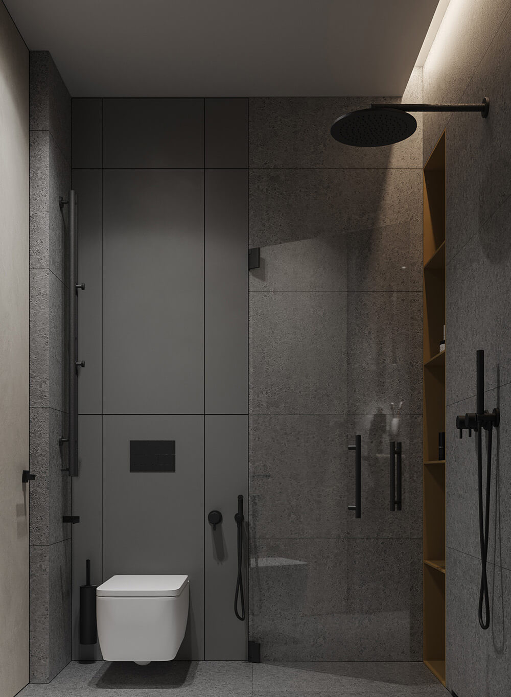 Душова без піддона з мозаїчною плиткою на стіні, оригінальний дизайн ванної.