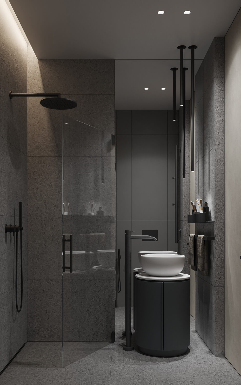 Простора душова без піддона з великою лійкою для душу та зручним сидінням.