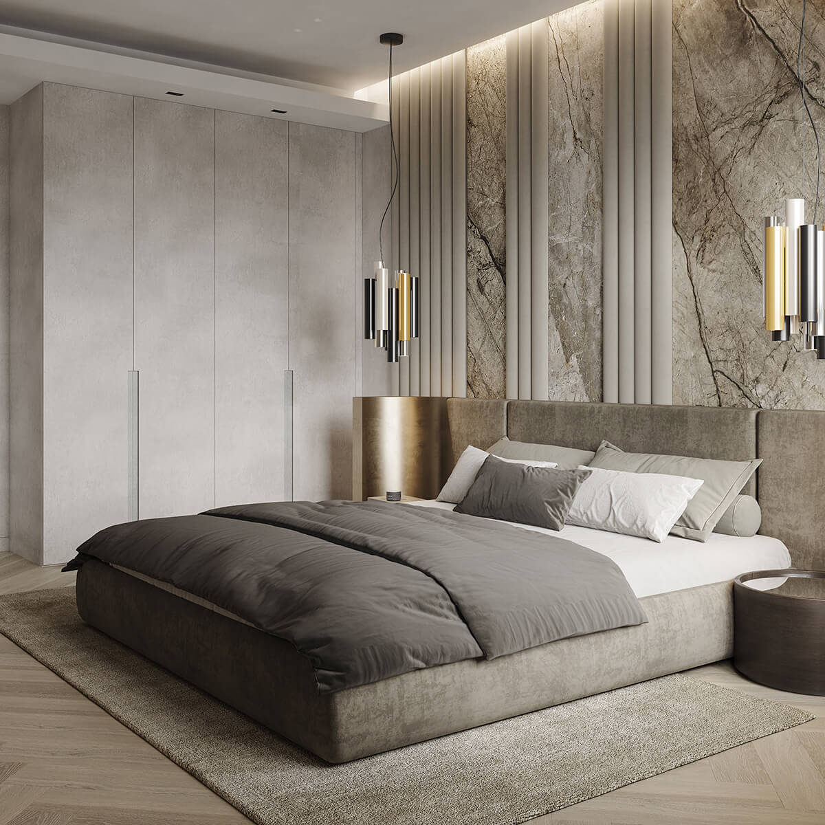 Елементи з бронзи в сучасному інтер'єрі: світильник, ваза та дзеркало з бронзовими рамами.